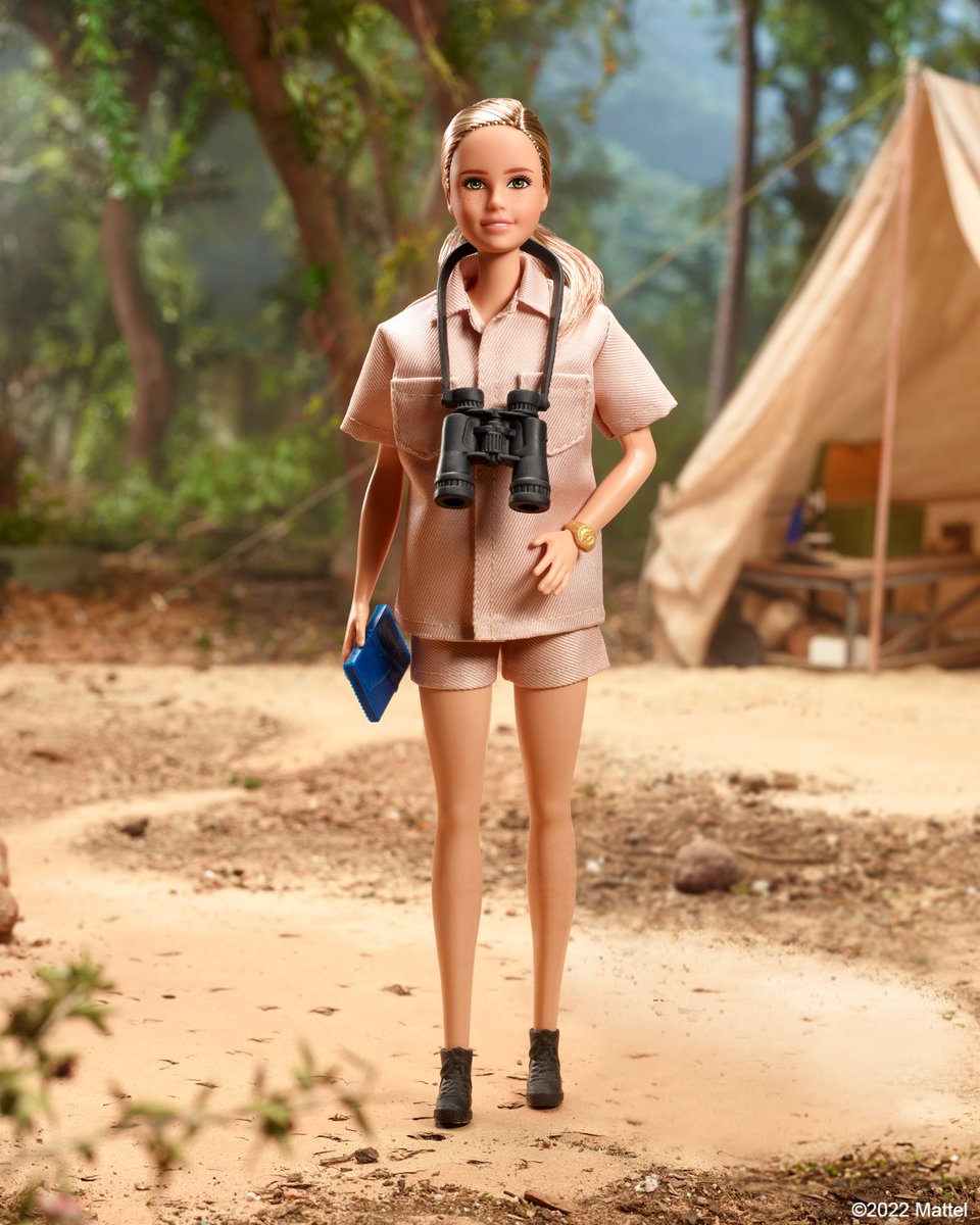 Barbie's tweet photo. Since Dr. Jane Goodall’s journey at age 26 to study chimpanzees in their natural habitat, she's paved the way for humanitarian leaders to forge their own path. Her work as an ethologist, conservationist &amp; animal advocate has been a force of compassion &amp; a benefit to our planet.🌍 https://t.co/4o5PBaRL2l