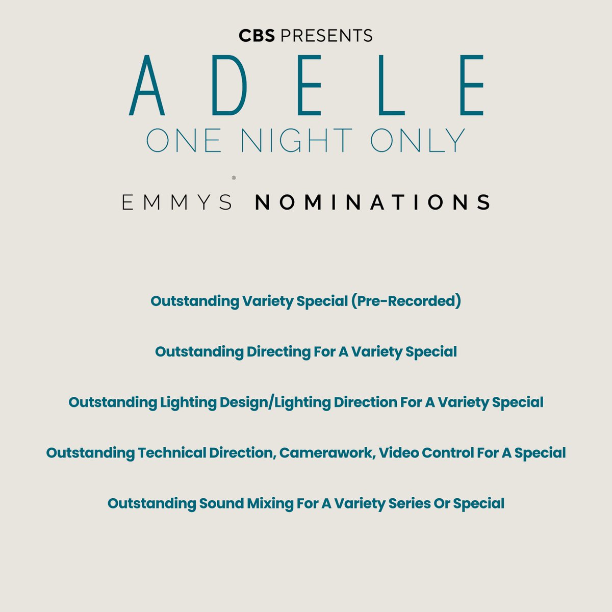 “Adele: One Night Only” has been nominated for a total of 5 awards at the 2022 #Emmys ✨

Congratulations to <a href="/Adele/">Adele</a> and everyone involved!