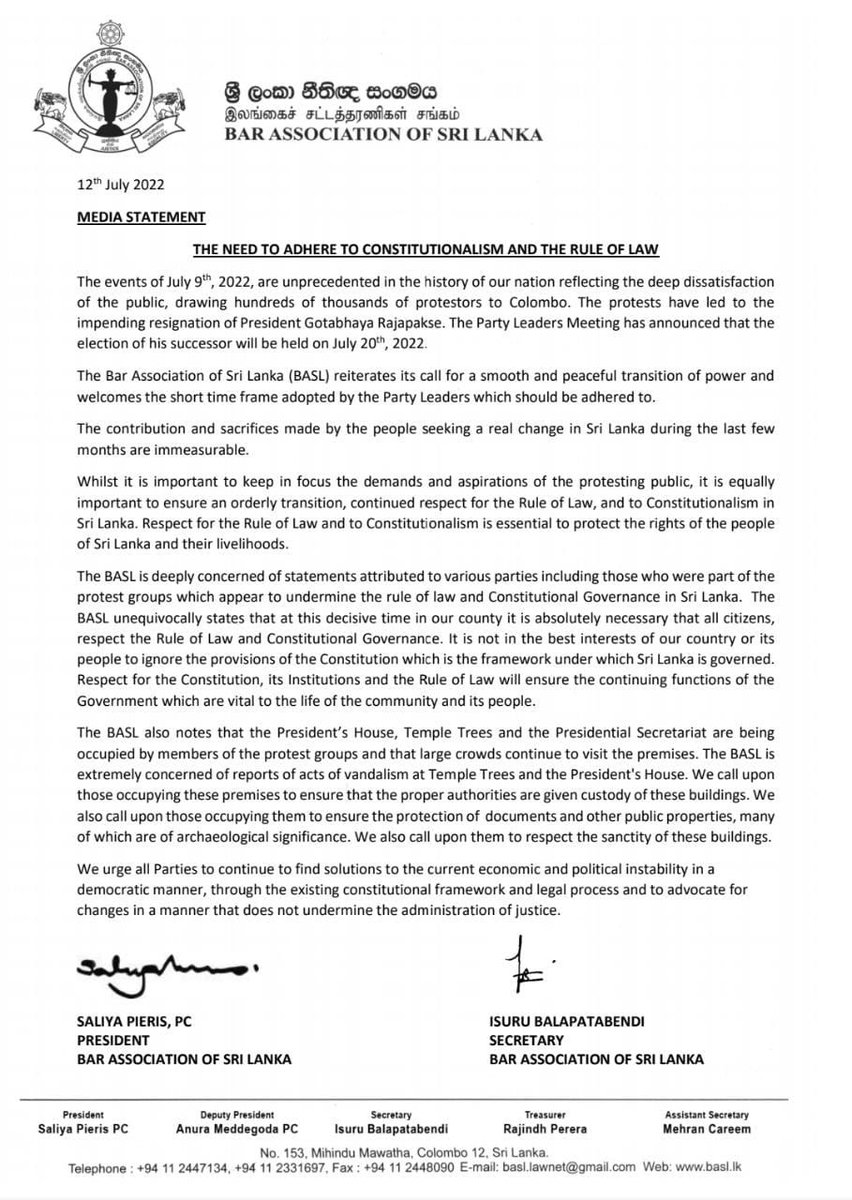 DirectionsSL's tweet photo. #BASL statement urging all to adhere to constituition and rule of law.
#ProtestLK 
#EconomicCrisisLK 
#DirectionSriLanka 
#lka https://t.co/ZoukuN1xaE