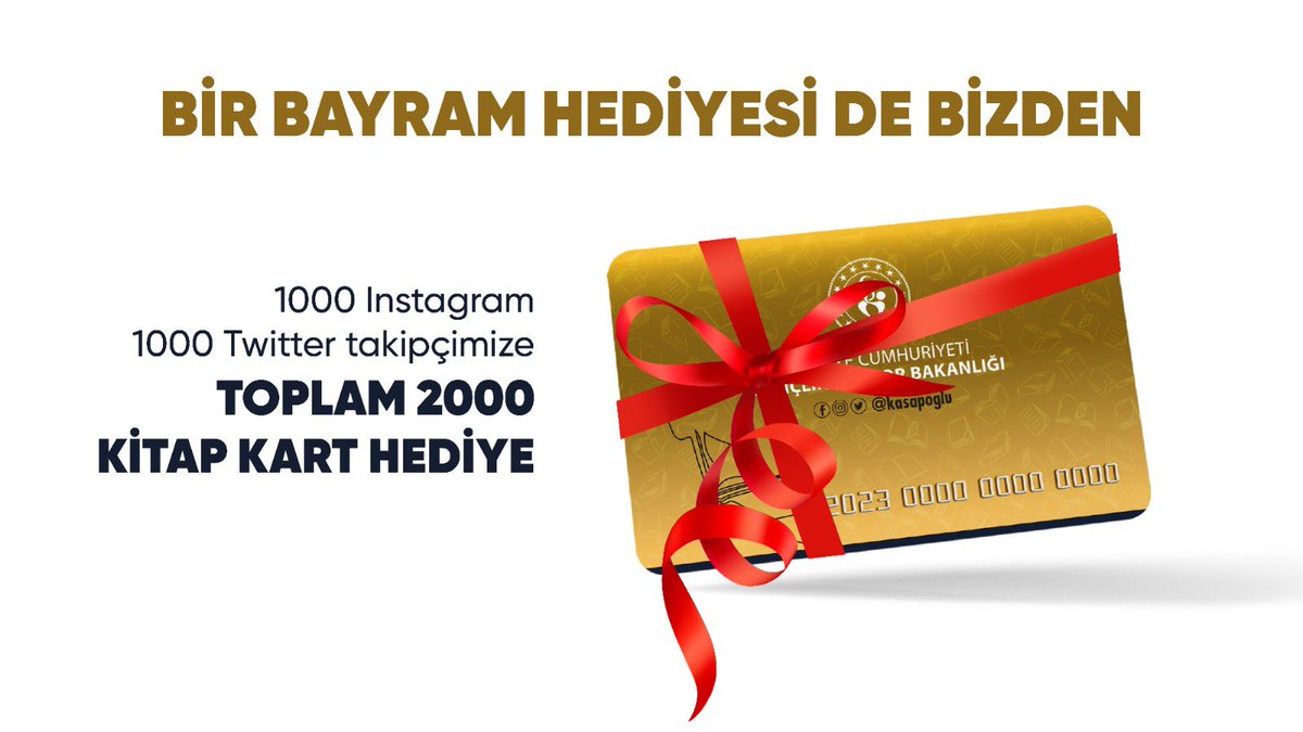 🎁Sevgili genç arkadaşlarım, bayram biterken hediyeniz bizden!

📚1000 adet kitap kart, #GSBKitapKart etiketi ile bayramda okuduğu kitabı yoruma yazan arkadaşlarıma gidecek.