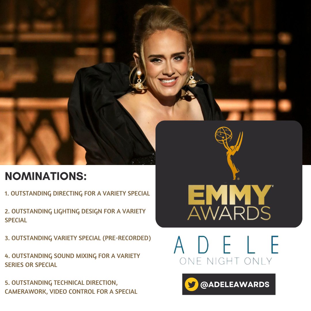 AdeleAwards's tweet photo. "Adele : One Night Only" has received 5 NOMINATIONS at the 2022 Primetime Emmys🏆

The awards are all set to take place on September 12, 2022🗓️ https://t.co/6jRfOpJeUa
