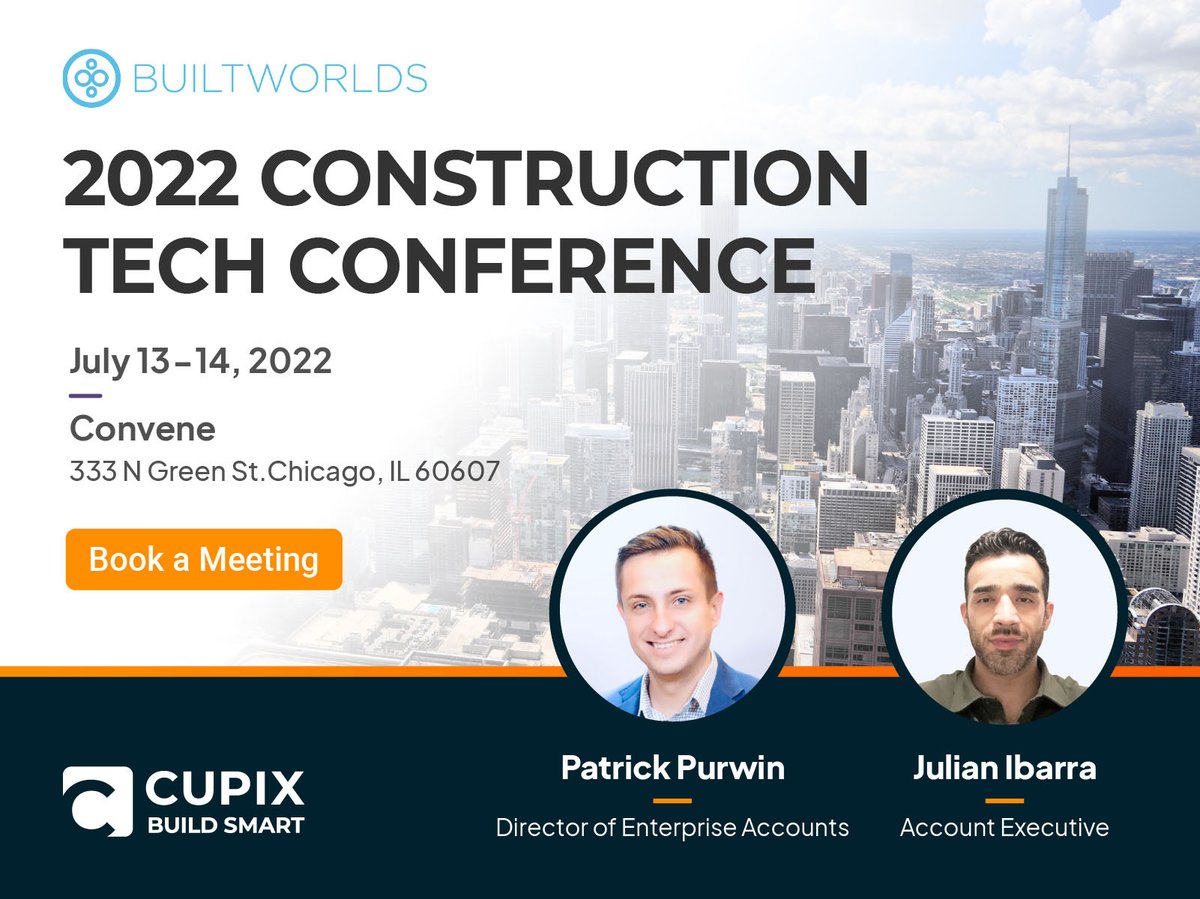cupixinc's tweet photo. Happening on July 13-14, come and visit the Cupix team at the 2022 Construction Tech Conference in Chicago! Check out how you can supercharge the entire building lifecycle with CupixWorks X. Book a meeting with our team here: https://t.co/HlCCAuwzTn
#ConTech #BuiltWorlds #Chicago https://t.co/zZIvDdXCgj