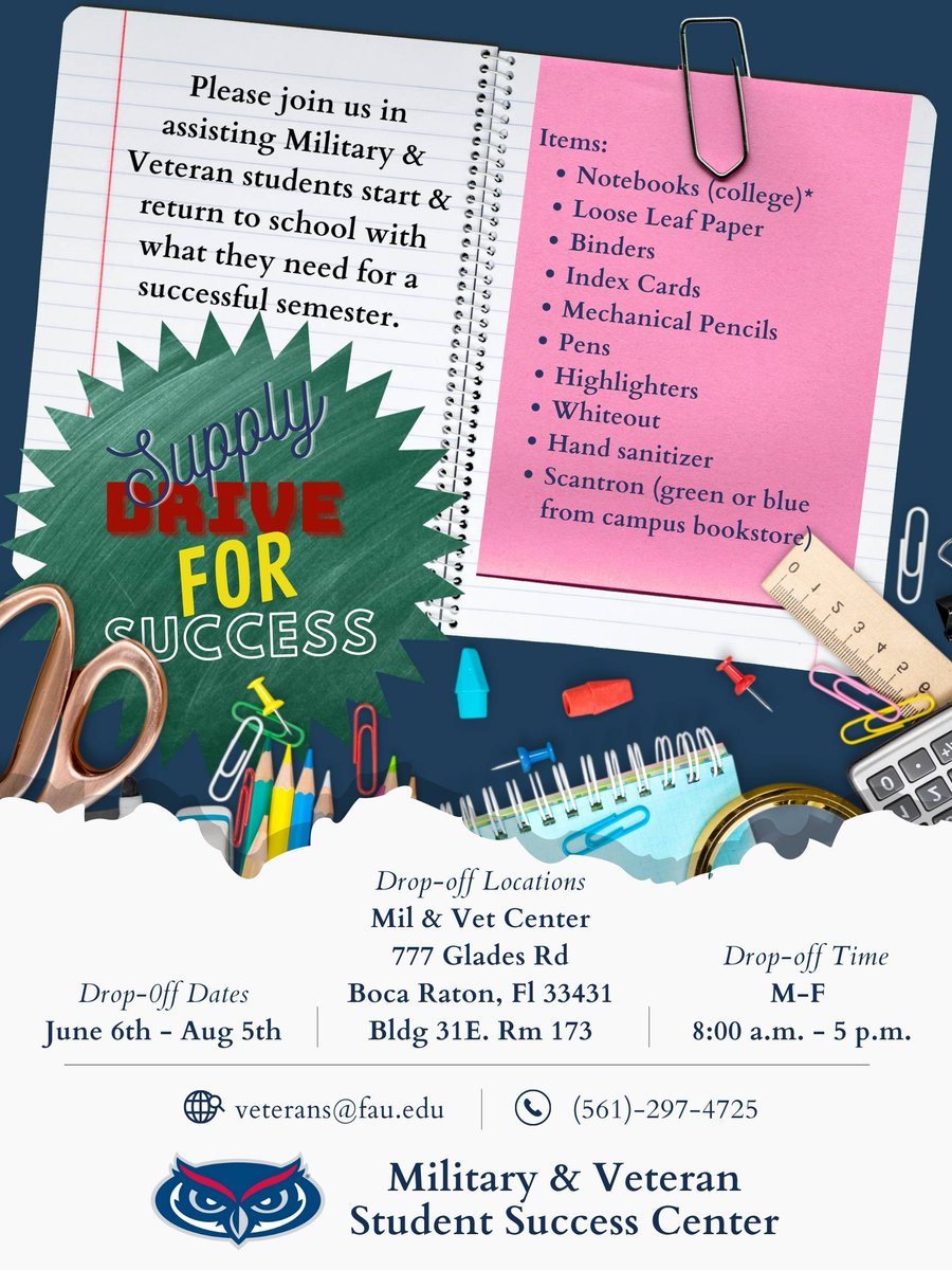 We are hosting a supply drive and welcome your donation to support FAU military and veteran students successfully transition into the student life and start the academic year strong! 

All donated items will be go to the military and veteran students at FAU.