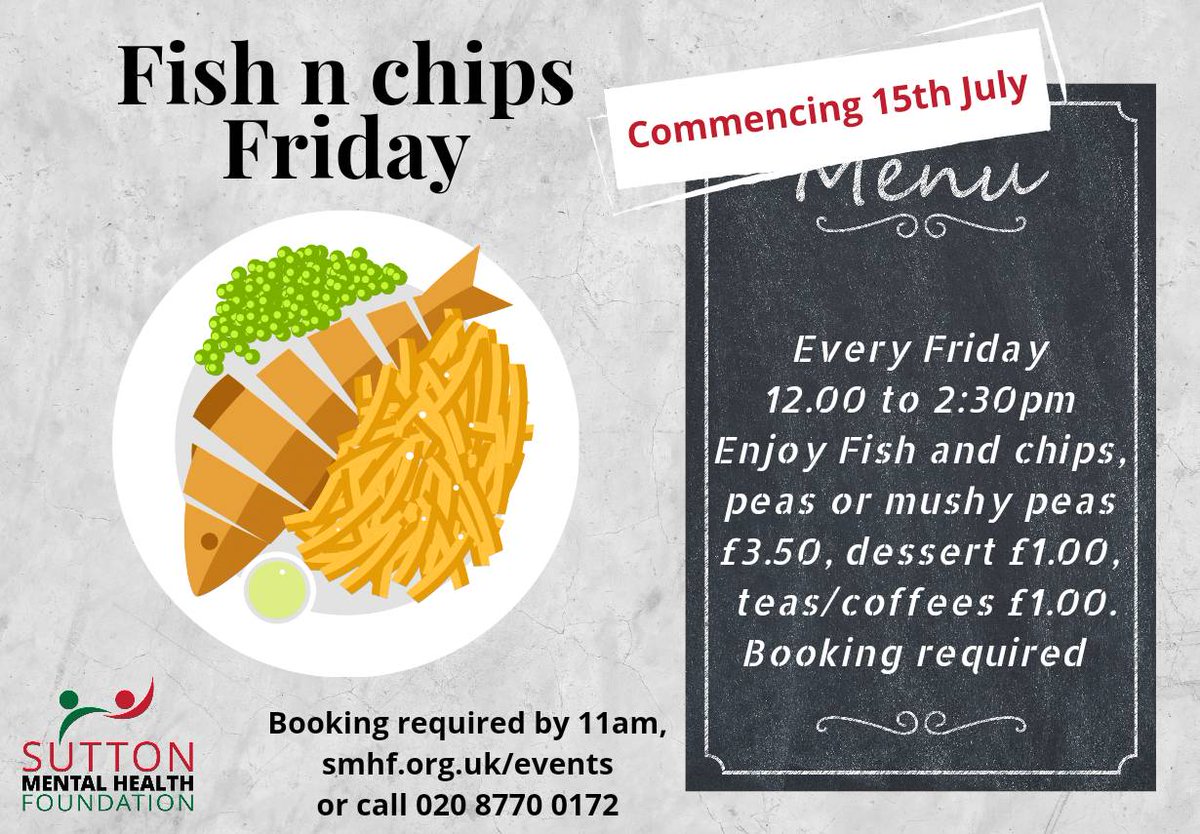 SuttonMHF's tweet photo. Join us at #BelmontConnect for our #FishnChipFriday! Starting this week...
Every Friday 12PM - 2:30PM
 **Booking Required by 11am on the day**

https://t.co/F8bXPGgaj6 
020 8770 0172 https://t.co/MSNI08UC6U