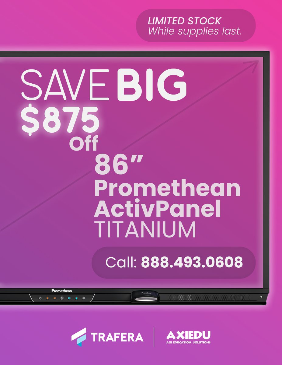 👀 Eyeing the @Promethean ActivPanel Titanium 86”? Get it before school is back in session with our summer savings deal! 🌴😎☀️ $875 off, while supplies last: go.trafera.com/3RupVPd Make sure to follow @TraferaOfficial so that you never miss out on future savings!