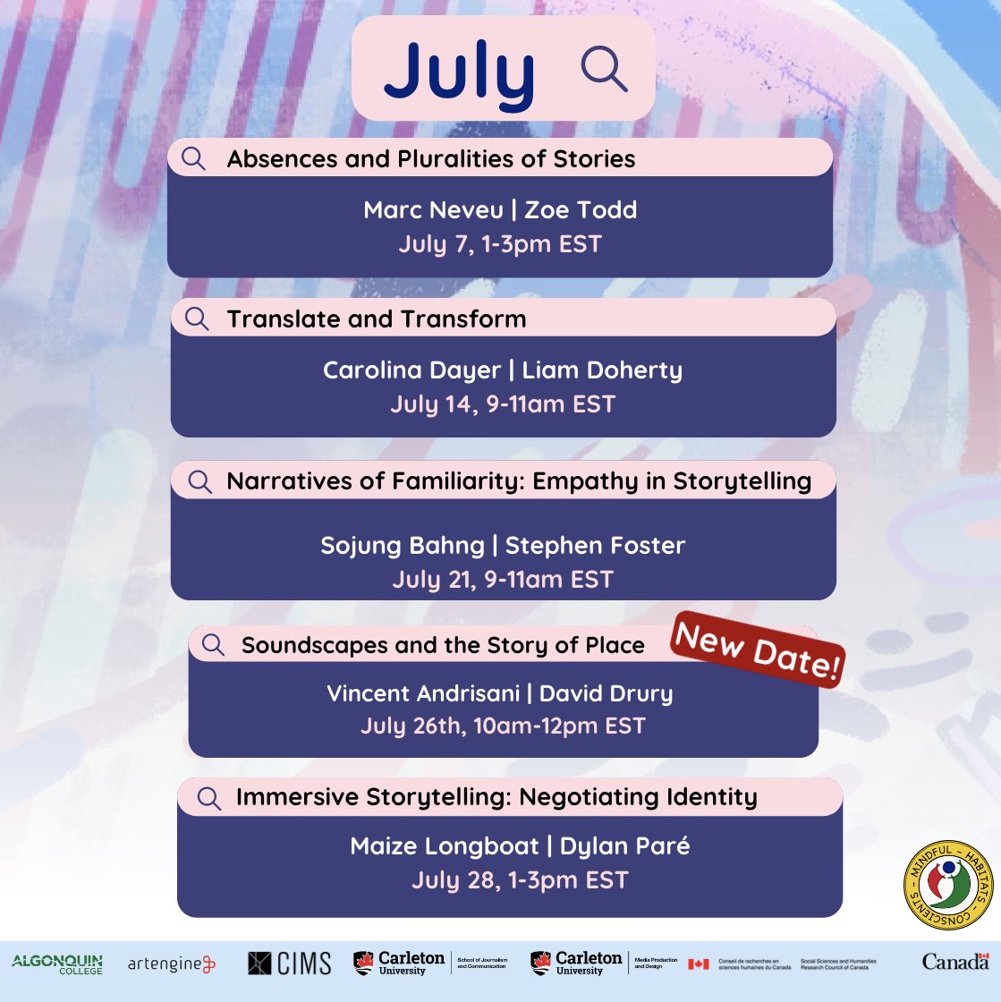 The "Negotiating Digital Space in Culturally Significant Storytelling" has some great webinars scheduled for this month. Check out the July dates - including the rescheduled "Soundscapes and the Story of Place" and register for free at mindfulhabitats.ca/conversations/…
<a href="/SSHRC_CRSH/">SSHRC</a> #webinar