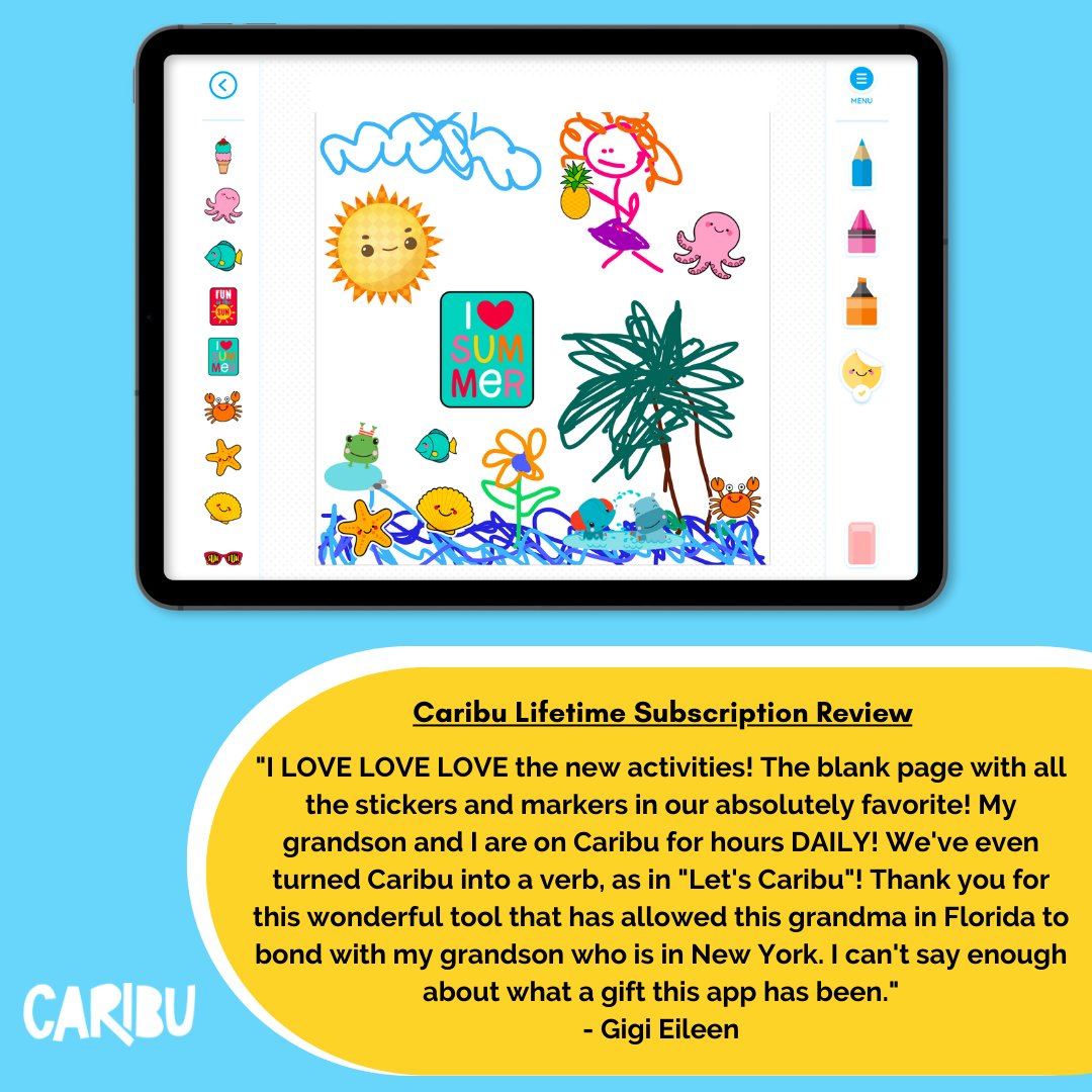 caribu's tweet photo. Hip Hip Hooray for Daily Caribu Calls!  🥳  Have you tried our Blank Drawing Sheet with the  ✨ NEW ✨  Summer Sticker set?! Download Caribu today at https://t.co/l3ArStU3JI for all the Summer Fun! 
#VirtualPlaydate #CaribuCalls #Digital Stickers #DrawTogether https://t.co/sOmMnUYTdy
