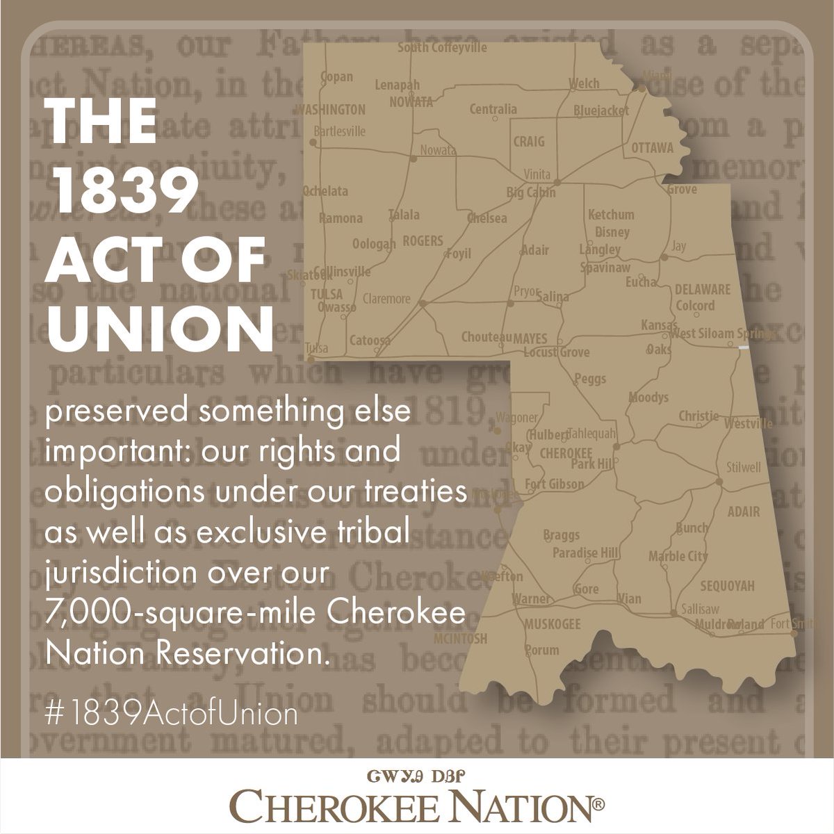 CherokeeNation's tweet photo. The 1839 Act of Union preserved something else important: our rights and obligations under our treaties as well as exclusive tribal jurisdiction over our 7,000-square-mile Cherokee Nation Reservation. #ActOfUnion #183years https://t.co/Y5nxggbkAd