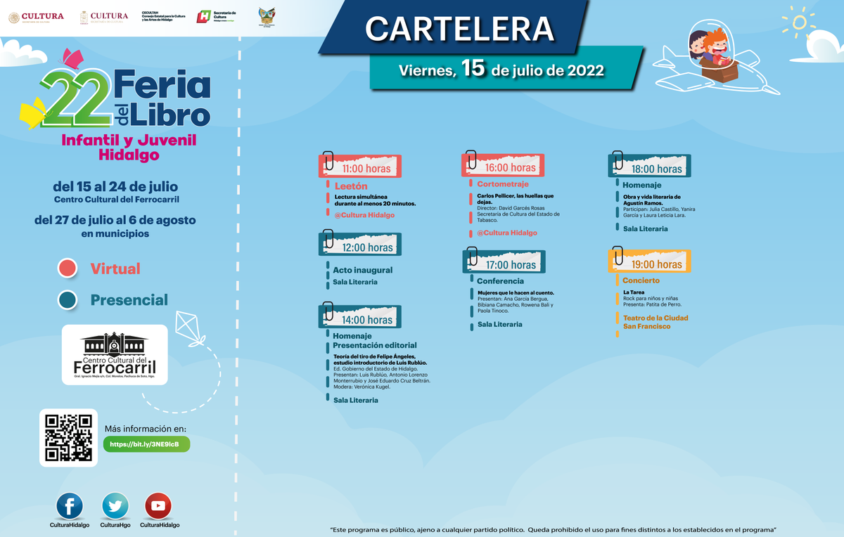 CulturaHidalgo's tweet photo. 📚¡Estamos a unos dias de iniciar la FLIJH 2022!  📚
⏰Planea tus horarios y disfruta de las más de 130 actividades literarias, artísticas y culturales que tenemos preparadas para ti del 15 de julio al 6 de agosto! ⏰
Consulta el programa de actividades:👉 https://t.co/zBnj0HfSLK https://t.co/IS2pfQ4SRe