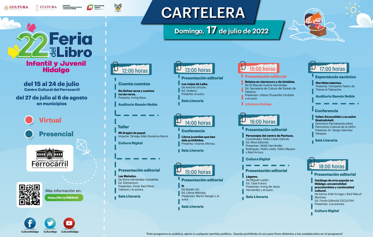 CulturaHidalgo's tweet photo. 📚¡Estamos a unos dias de iniciar la FLIJH 2022!  📚
⏰Planea tus horarios y disfruta de las más de 130 actividades literarias, artísticas y culturales que tenemos preparadas para ti del 15 de julio al 6 de agosto! ⏰
Consulta el programa de actividades:👉 https://t.co/zBnj0HfSLK https://t.co/IS2pfQ4SRe