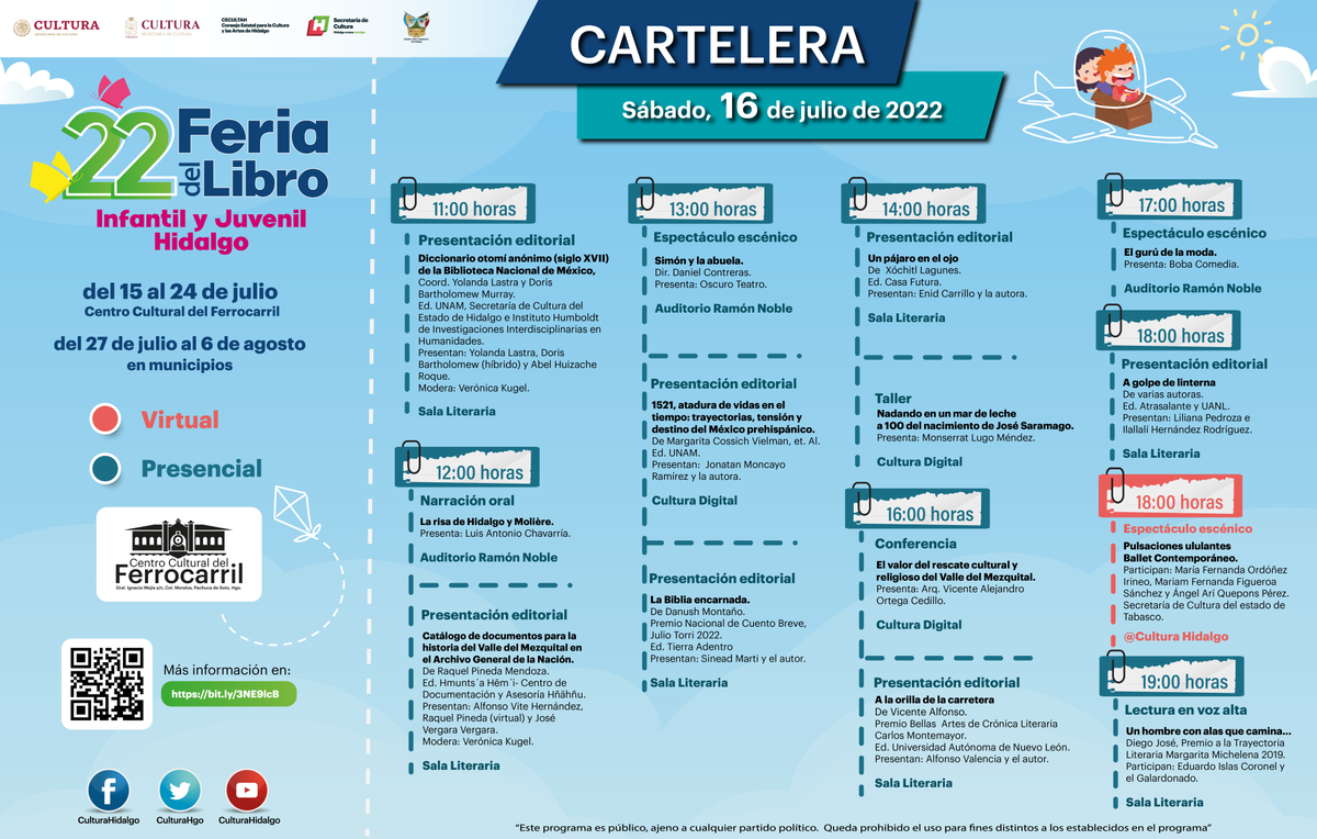 CulturaHidalgo's tweet photo. 📚¡Estamos a unos dias de iniciar la FLIJH 2022!  📚
⏰Planea tus horarios y disfruta de las más de 130 actividades literarias, artísticas y culturales que tenemos preparadas para ti del 15 de julio al 6 de agosto! ⏰
Consulta el programa de actividades:👉 https://t.co/zBnj0HfSLK https://t.co/IS2pfQ4SRe