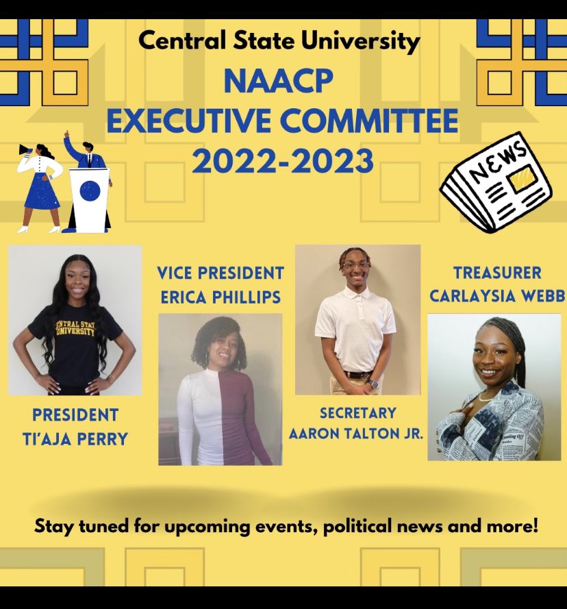 NaacpCsu's tweet photo. 🟡🔵Central State University NAACP Unit 3808 has new leadership!🥳 We are excited to plan the upcoming school year filled with advocacy, community service and fun. Now it’s time to put in the work! 🟡🔵 https://t.co/plaAliAsn9