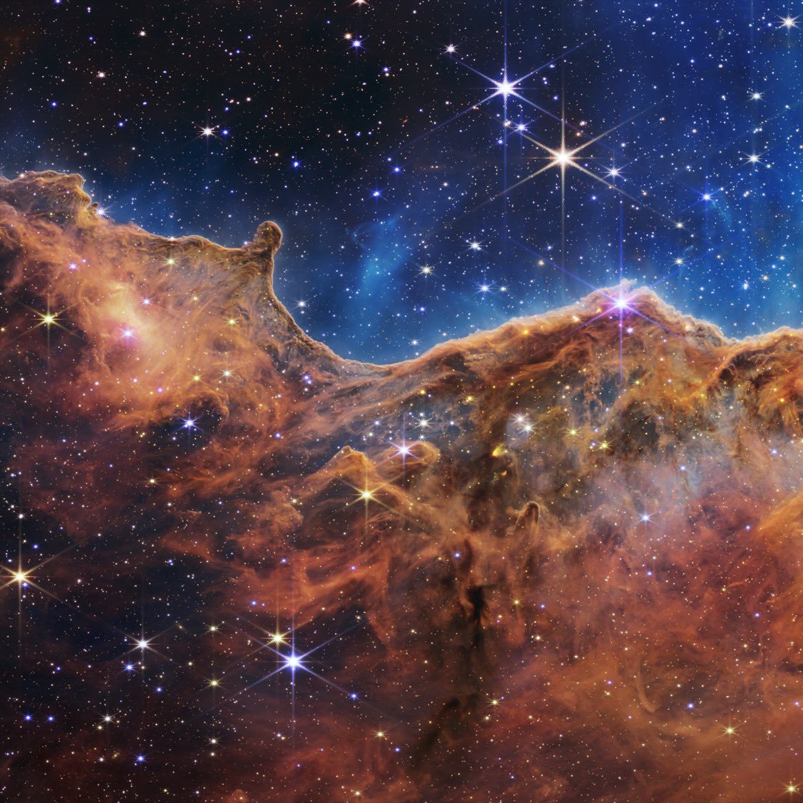 DBrumm97's tweet photo. My favourite image from today’s JWST first images release. Star formations, cosmic cliffs with “peaks” 7 light-years high. Space, man. https://t.co/xJv4fewjAO