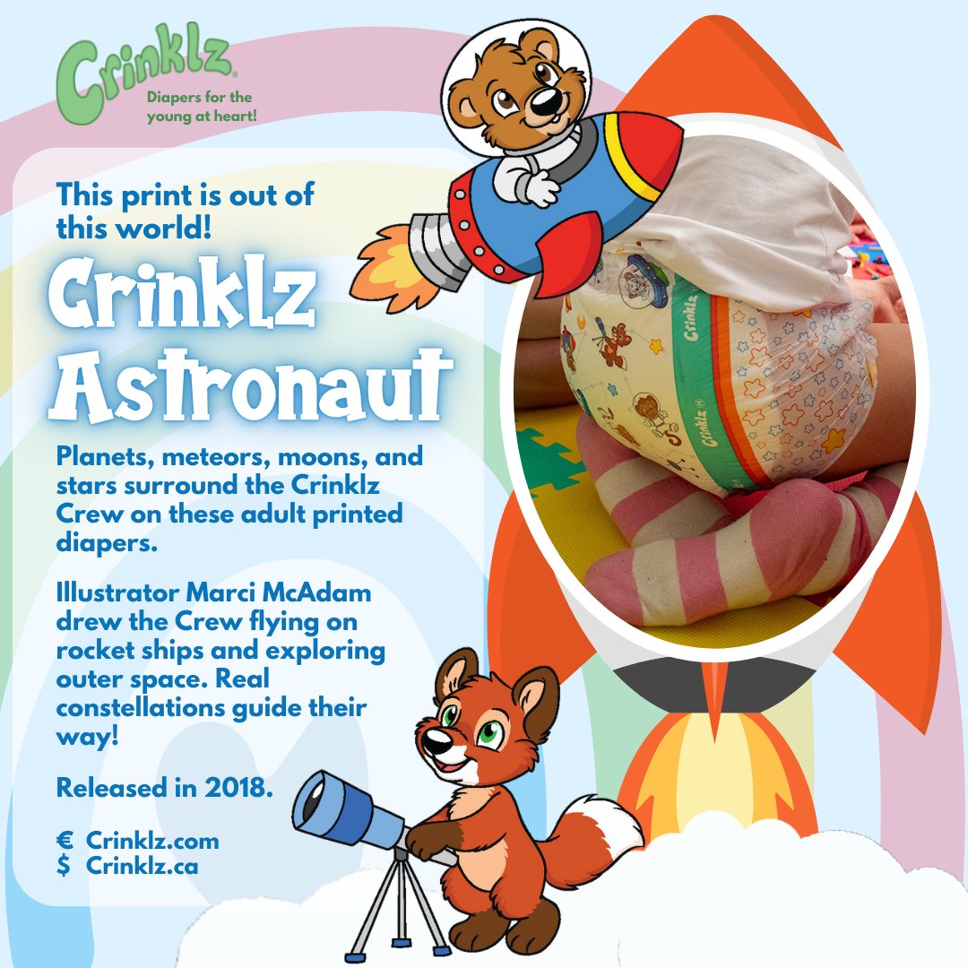 CrinklzOfficial's tweet photo. 👨🚀 In 2018, the Crew set their sites on outer space with the #Crinklz Astronaut print! 🛸 Artist @MarciMcAdam drew our adventurous furbehbehs frolicking as cosmonauts amongst the stars!🌠🔭 #abdl #littlespace #adultdiaper #diaperlover #ageplay #adultbaby https://t.co/n8DxGusoXj