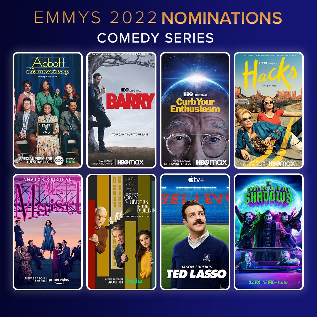 #EmmyNoms for Best Comedy Series: #AbbottElementary - 98% #Barry - 100% #CurbYourEnthusiasm - 94% #Hacks - 100% #MrsMaisel - 92% #OnlyMurdersInTheBuilding - 100% #TedLasso - 98% #WhatWeDointheShadows - 100% Who do you want to see take home an #Emmy? editorial.rottentomatoes.com/article/2022-e…