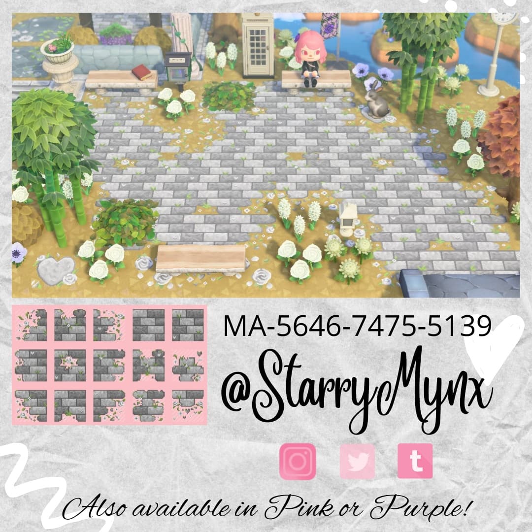 StarryRavyn's tweet photo. A thread for all my custom design creations and eventual DA release. Just to make things easier to find! 💜

First up: The Grey Stone path with purple, pink or white flowers. Credit to @nookbythebook for the big roses and flower petals! #ACNH #ACNHDesigns #ACNHDesign https://t.co/b01uU9uyza