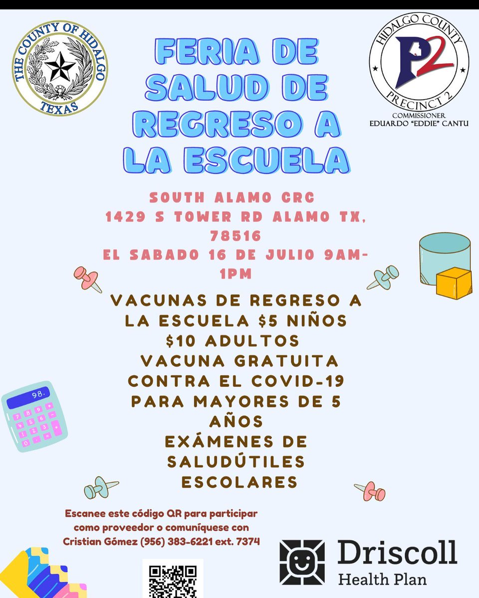 CityofAlamo's tweet photo. On Saturday, July 16th, 2022 the @hidalgocountytx Health and Human Services Department, @eddiecantupct2 and @driscollhp will be throwing a back to school health fair at the Alamo Community Resource Center, 1429 S. Tower Rd,  from 9am to 1pm. https://t.co/PWmyf2fJdN