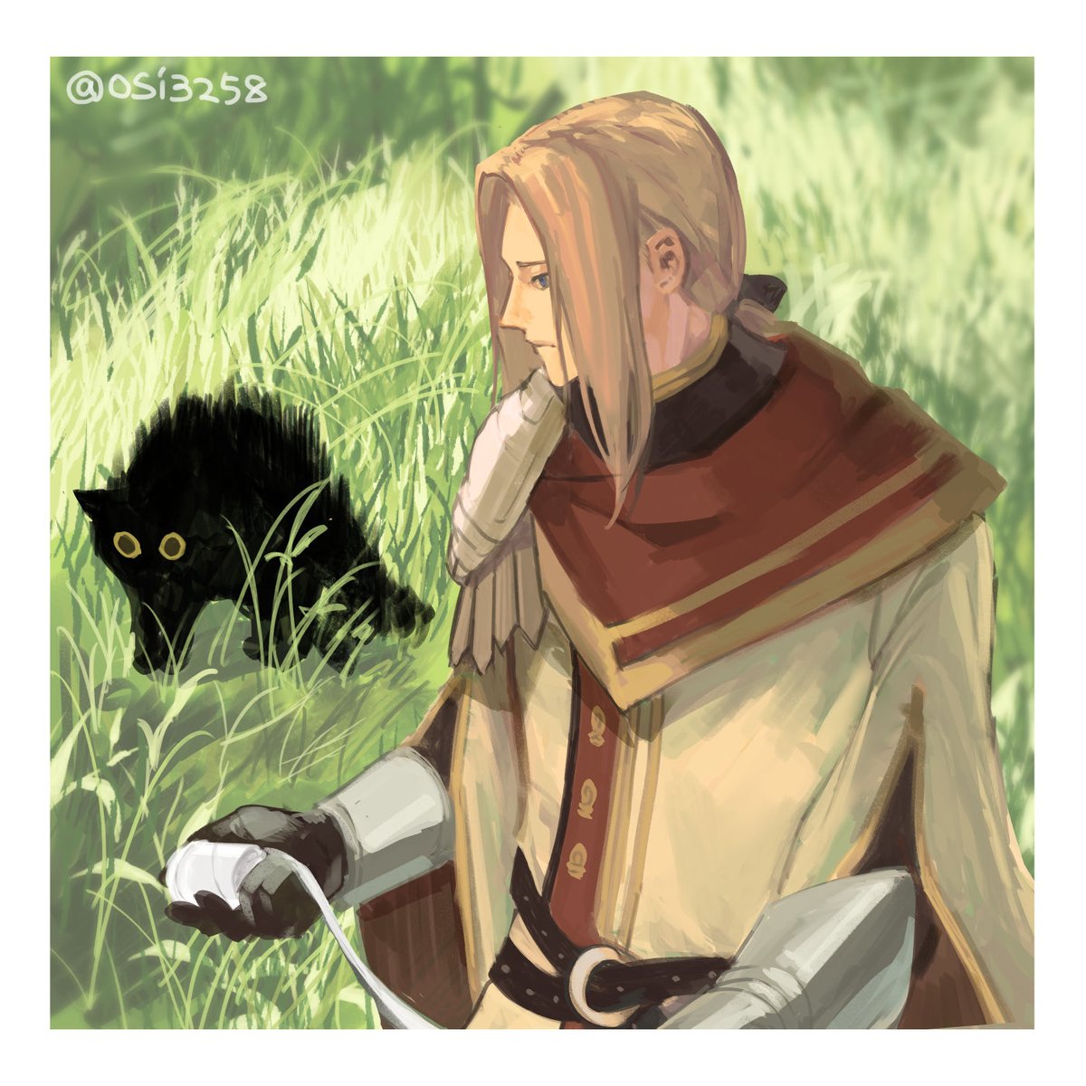 1boy male focus gloves blonde hair cat grass cape  illustration images