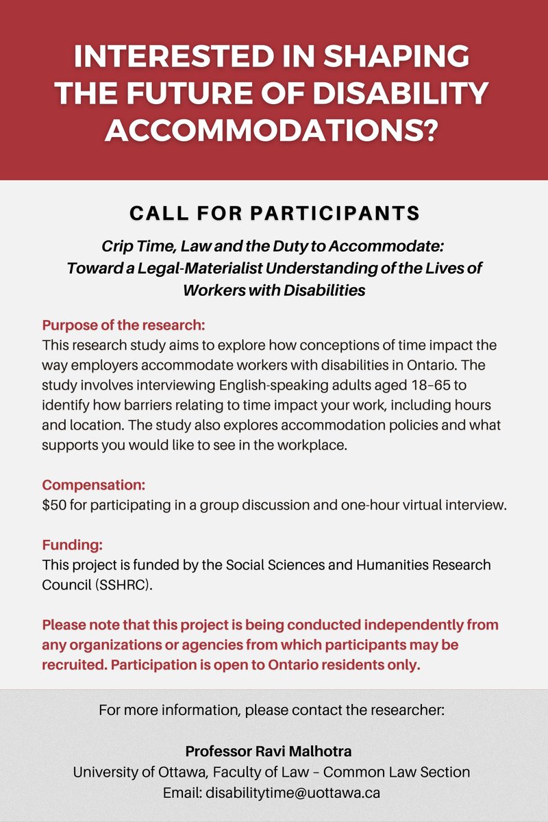 Seeking Ontarians with disabilities for a study on workplace accommodations. Please share widely.
