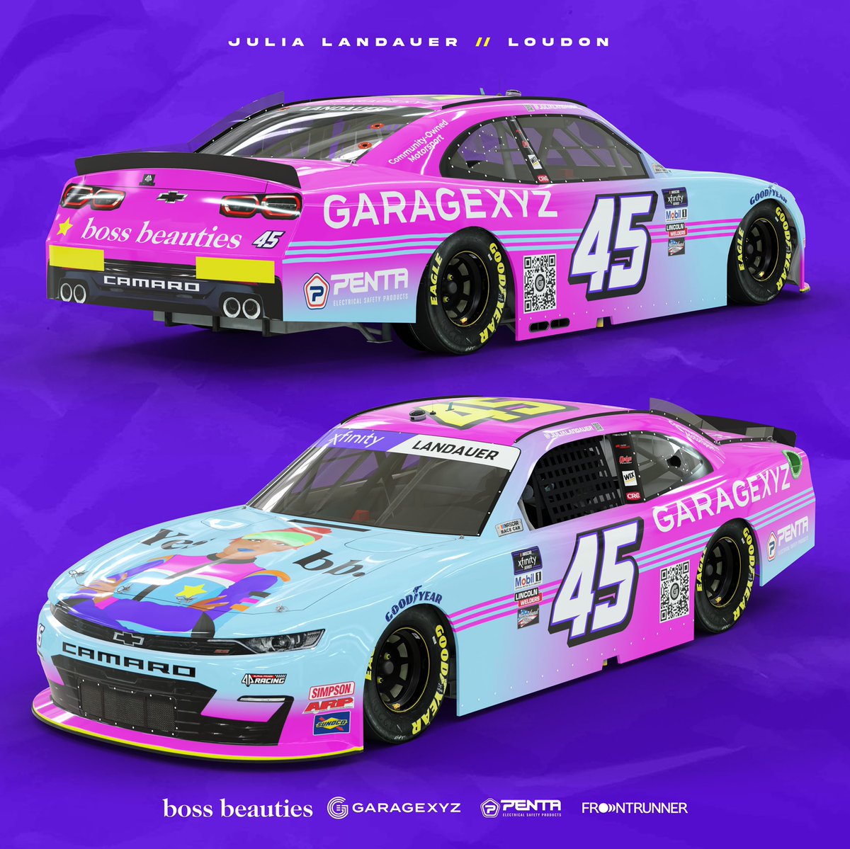 julialandauer's tweet photo. Ladies and gentleman, I present to you the #45 @BossBeautiesNFT / @GarageXYZ @TeamChevy @NASCAR_Xfinity racecar for @TeamAlphaPrime 😍 https://t.co/ZSAuow5FXH