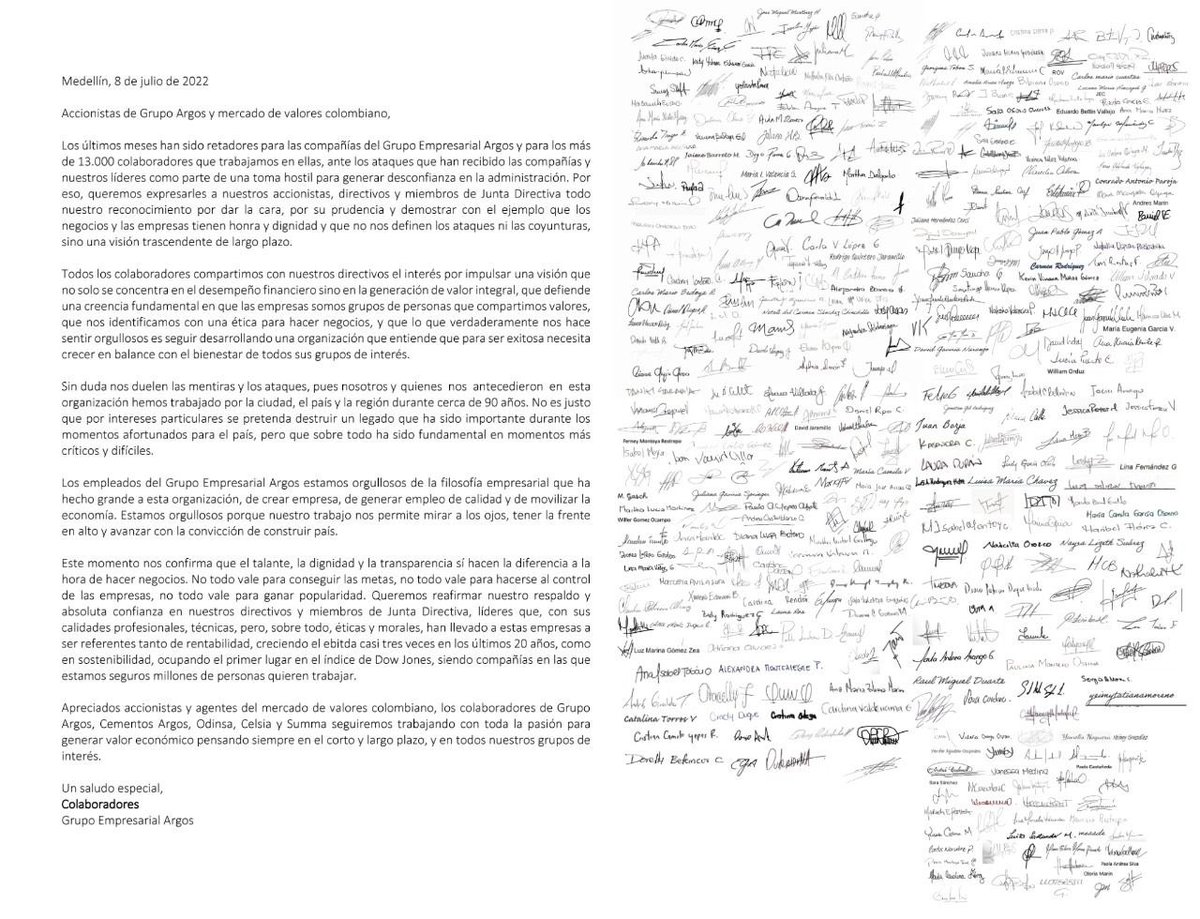 Los colaboradores del #GrupoEmpresarialArgos reiteramos nuestro compromiso con los accionistas y rechazamos los cuestionamientos sobre el actuar de estas compañías. <a href="/Grupo_Argos/">Grupo Argos</a>