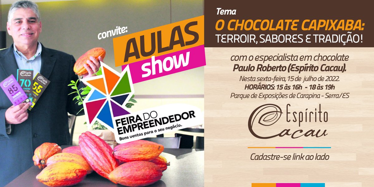 espiritocacau's tweet photo. É a sua chance de conhecer o Paulo Roberto e saber mais sobre a produção capixaba de chocolate. O link para a inscrição, segue aqui:

https://t.co/SegeTUGDcm

#aulashow #feiradoempreendedor #feirasebrae #chocolatecapixaba #produçãodechocolate #chocolatefuncional https://t.co/b7wVEuu7ym