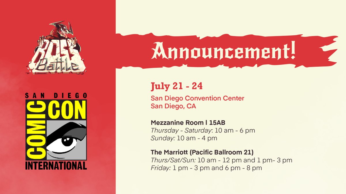 bossbattlegame's tweet photo. Here is the info for San Diego ComicCon this year! We are looking forward to meeting with you guys!
#sandiegocomiccon #comiccon #bossbattlegame https://t.co/qwsxT643IW