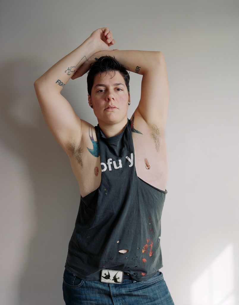 Jess T. Dugan. Self-portrait (muscle shirt), 2013, is a seminal piece by the artist available in this week’s silent auction. Catalog: bit.ly/3bW7D9h #divinemasculine #lgbtartist #artcontemporary #artauctions #andersonranch #createchange