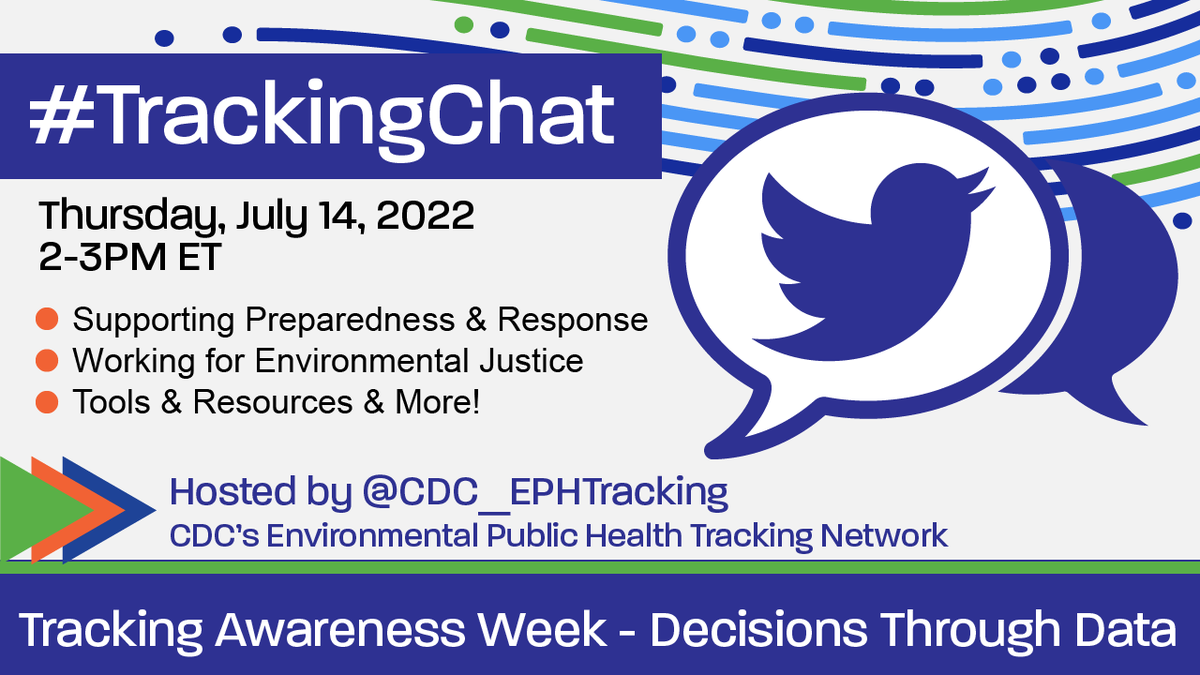 CDC_EPHTracking's tweet photo. Join us at 2PM ET for #TrackingChat! Chat about how the CDC Environmental Public Health Tracking Network supports preparedness & response, #EnvironmentalJustice efforts, and making #DecisionsThroughData! Preview the questions here: https://t.co/2WIxO4myCd https://t.co/3r4fxlQQ6T