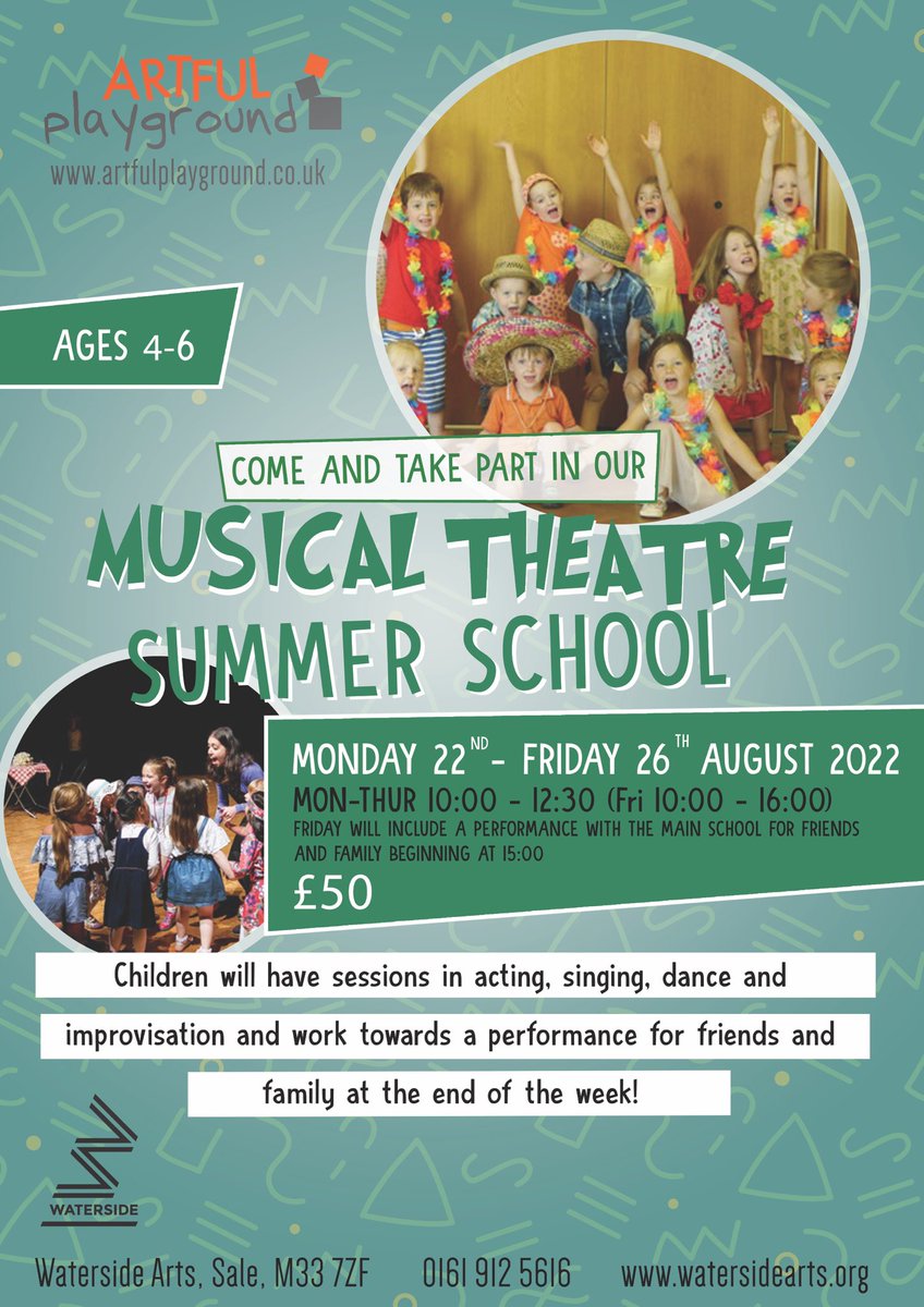 We have spaces available for our early years theatre summer school at @watersidearts_ 22nd - 26th August.  Ages 4-6 years!
Call 0161 912 5616 to book your child a place.
#artfulplayground #watersideartscentre #theatresummerschool #showinaweek #holidaycourses #holidayactivities