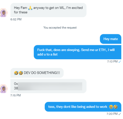 pnd_nft's tweet photo. Just opened DMs while devs are having hangover and it's already full of crazy-ass Punkiees asking for WLs.

Fuck the rules! What's the loudest community to get some FREE MINT spots from us? 

Come on buddies! SHOUT IT LOUD 🍻

NOTIFICATIONS ON or get FOMO

#PunksNeverDie https://t.co/epvZTjVE5r