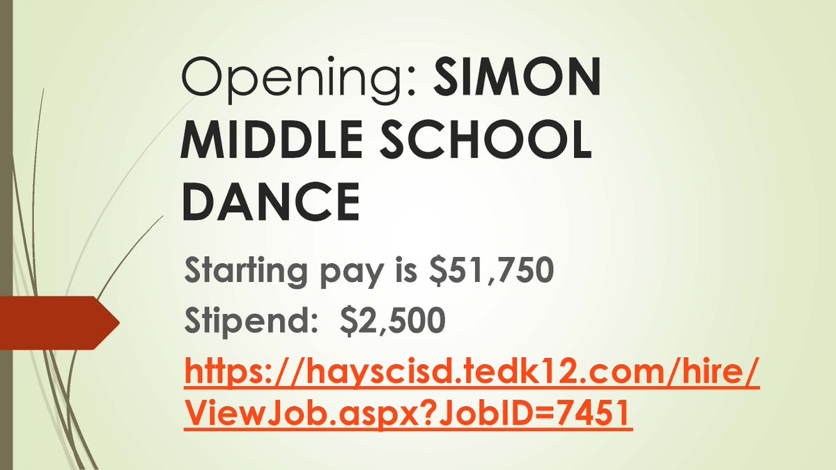 Please help me spread the word! Join our wonderful dance team! <a href="/HaysCISD/">Hays CISD</a> <a href="/chapadance/">Mrs. Fastle</a> <a href="/MrsMartinDances/">Wallace MS Dance</a> <a href="/JasonAdamTX/">Jason Adam</a> 
hayscisd.tedk12.com/hire/ViewJob.a…