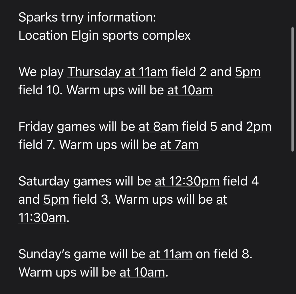 Game times for this weekend in Elgin! <a href="/RockersMarcano/">Tinley Park Rockers Marcano</a> <a href="/tdraves/">Tony Draves</a> <a href="/MarianSoftball/">Marian University Softball</a> <a href="/TrollsSoftball/">Trinity Christian Softball</a> <a href="/WLCSoftball/">WLC Softball</a> <a href="/coachflegel/">James Flegel</a> <a href="/SUSoftball/">Spalding U Softball</a> <a href="/PNWSoftball/">PNW Softball</a> <a href="/SbEdgewood/">Edgewood University Softball</a> <a href="/DubuqueSoftball/">University of Dubuque Softball</a> <a href="/CoachKeener23/">Josh Keener</a>