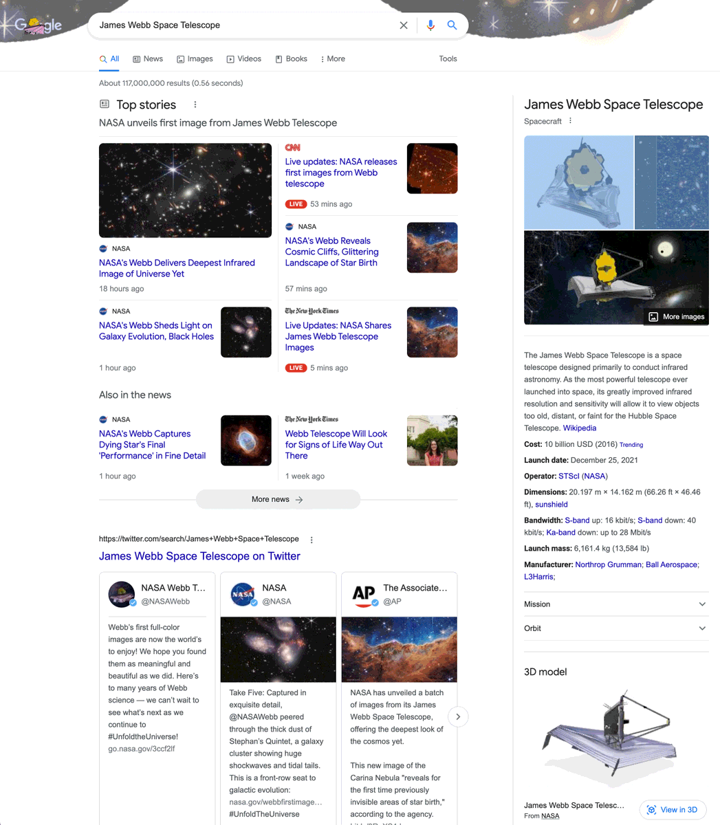 RT @rustybrick: Google Doodle For James Webb Space Telescope - Deepest Photo Of Universe
 https://t.co/EfyJqogUkp https://t.co/vtlfP8AUkh
