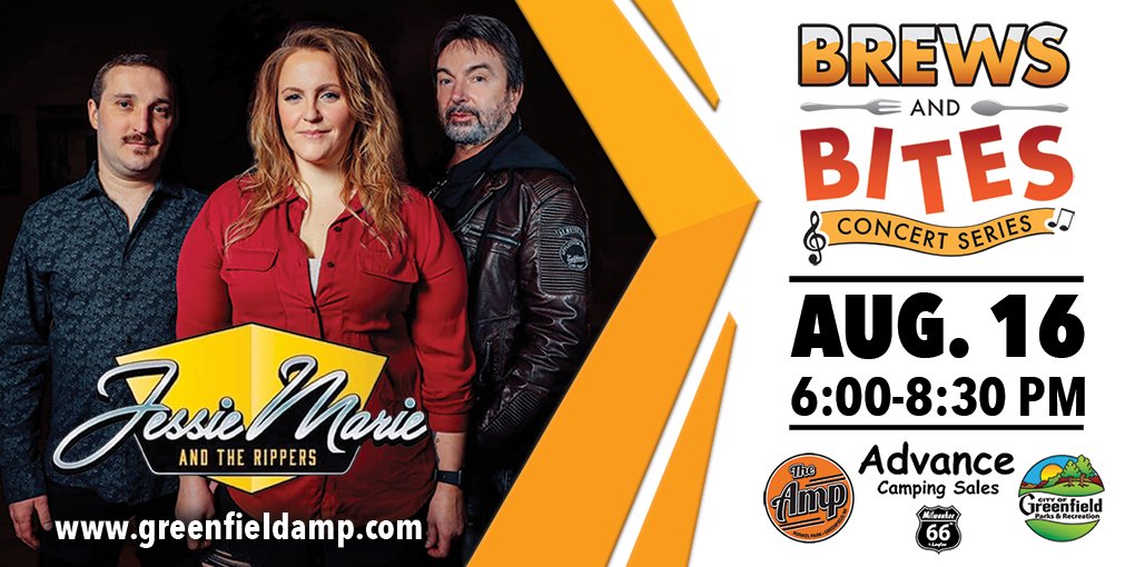 gfwiparksrec's tweet photo. The next Brews and Bites Concert is Tuesday, August 16th presented by Advance Camping Sales featuring 80's/90's Hits band Jessie Marie and the Rippers . Scheduled food vendors Shorty's Grilled Cheese, Rose Mob Grill, and Lou Malnati's. https://t.co/35nMbkGZb1 https://t.co/seulR5JmfT
