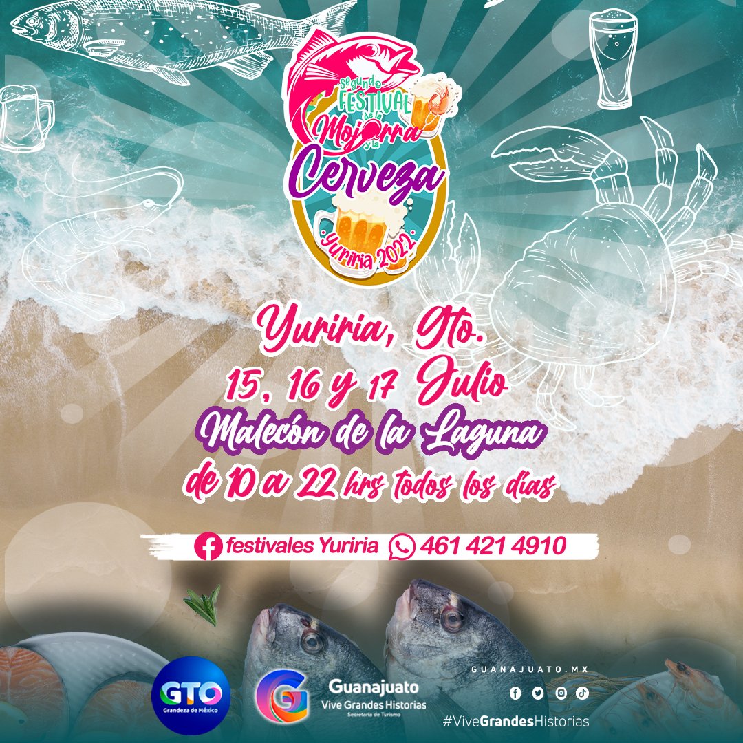 guanajuato's tweet photo. Del 15 al 17 de julio, te esperamos en un evento lleno de rica comida y cerveza artesanal 🤩 Se trata del Festival de la Mojarra y la Cerveza que tendrá lugar en #Yuriria 🐟🍻 Puedes aprovechar para conocer el Ex Convento y otros increíbles lugares que hay en los alrededores 🙌🏻 https://t.co/5qNrmINeH1