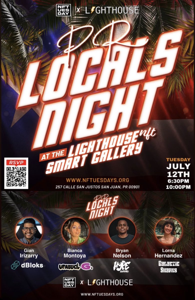 NFTuesdaysPR's tweet photo. Gm!☀️

See you tonight for the beginning of our Locals Night🇵🇷event! Here are the speakers for today:
@dBloksPR 
@UnusualGsNFT
@HypeBuddiesNFT 
@Galactic_Sharks 
LIVE at 7PM directly from the Lighthouse NFT Smart Gallery!⚡️

👉RSVP: https://t.co/DvseFIuaTh
Want to get featured?👇 https://t.co/QhvX7RV3tz