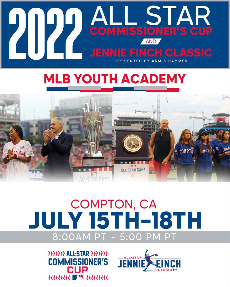 MLBDevelops's tweet photo. Youth Baseball and Softball teams representing cities from across the US &amp; Puerto Rico will compete in the 2022 All Star Commissioner’s Cup and the Jennie Finch Classic presented by Arm &amp; Hammer at @MLB’s first Youth Academy in Compton, CA on July 15-18th🤩⚾️🥎 https://t.co/uJe8Y95rh7