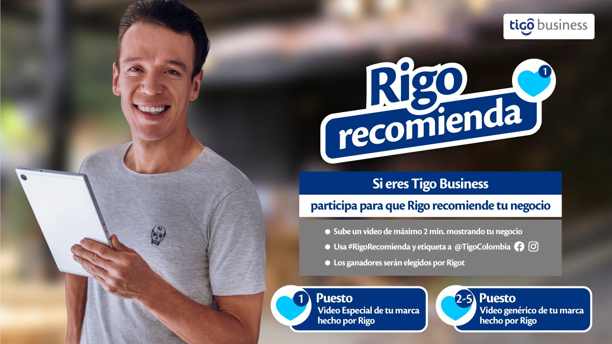 aguirremilo's tweet photo. ¡Rigo recomienda tu negocio! Si eres #TigoBusiness, participa para que Rigo haga un video recomendando tu negocio. También podrás ganarte un espacio en un Remoto Radial de negocios, un bono hasta de USD $150 para suscribirte a Platzi Team y más. Info: https://t.co/HFlJiAqdtA https://t.co/J2a48PN2gZ