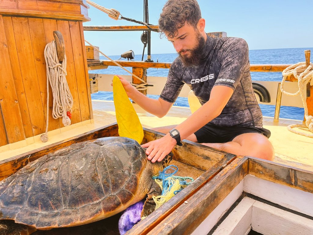 On our current expedition we are joined by Simon Waitland of @MarineVertsMSc who is doing his Masters Project on Marine Vertebrate Satellite transmitters. Great to have an extra biologist on board our survey! @ExeterMarine #seaturtles