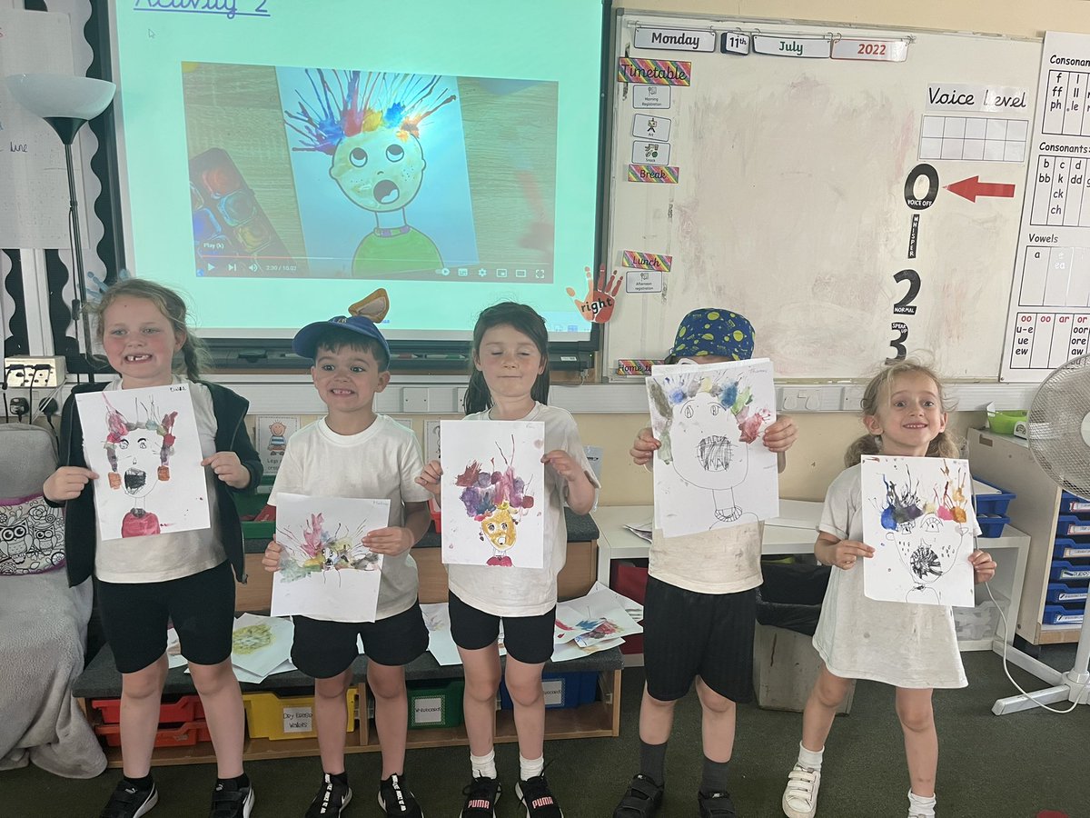 MissJohnALS's tweet photo. For our messy activity yesterday, we drew our faces and created some crazy hair by sitting water colours and blowing them in different directions! @Miss_Goldman2 https://t.co/9r3phoeUOj