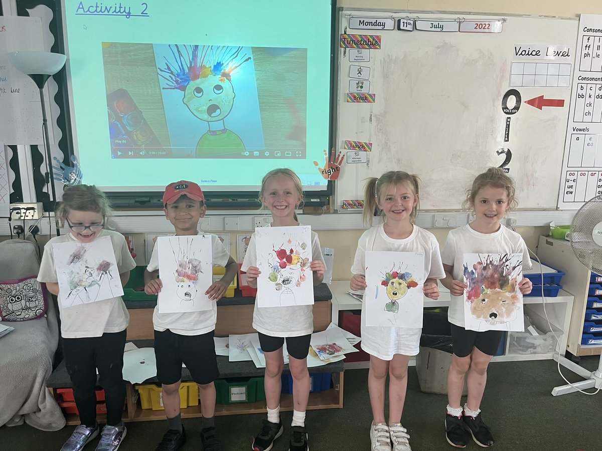 MissJohnALS's tweet photo. For our messy activity yesterday, we drew our faces and created some crazy hair by sitting water colours and blowing them in different directions! @Miss_Goldman2 https://t.co/9r3phoeUOj