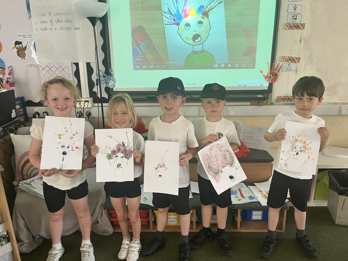 MissJohnALS's tweet photo. For our messy activity yesterday, we drew our faces and created some crazy hair by sitting water colours and blowing them in different directions! @Miss_Goldman2 https://t.co/9r3phoeUOj