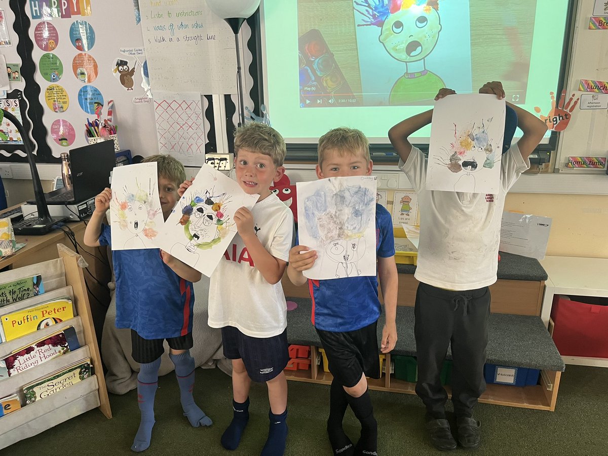 MissJohnALS's tweet photo. For our messy activity yesterday, we drew our faces and created some crazy hair by sitting water colours and blowing them in different directions! @Miss_Goldman2 https://t.co/0vn4zbqxUp