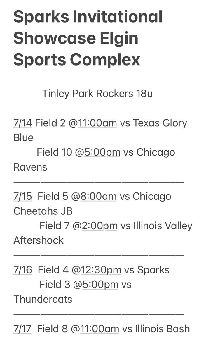 Excited to play this weekend in Sparks Invitational Showcase here is our schedule <a href="/TrollsSoftball/">Trinity Christian Softball</a> <a href="/TritonSoftball_/">Triton College Softball</a> <a href="/LFCollegeSB/">Lake Forest College Softball</a> <a href="/Softball_ONU/">Olivet Nazarene Softball</a> <a href="/MortonCollegeSB/">Morton College Softball</a> <a href="/RockersMarcano/">Tinley Park Rockers Marcano</a> <a href="/naiasoftball_/">NAIA Softball</a> <a href="/CobberSoftball/">Concordia College Cobber Softball</a>