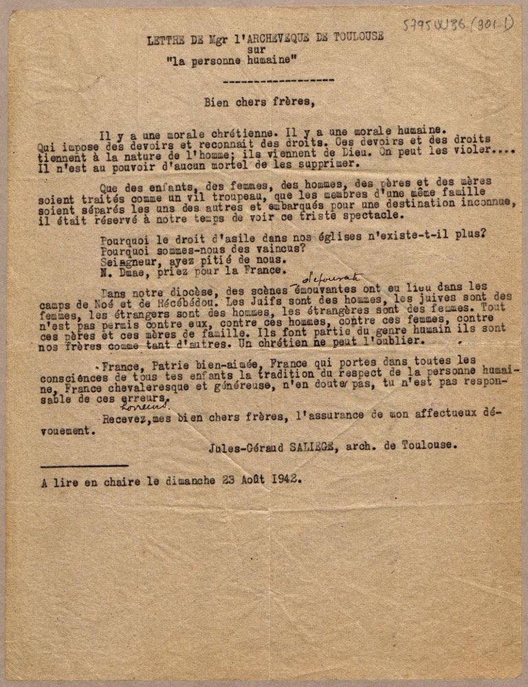 Mémoire du Cardinal Saliège (comme de quelques policiers qui résistèrent à l’occupant allemand et à Vichy- frappant deux heures avant aux portes des familles pour les avertir de la rafle). Magnifique initiative de <a href="/HaimKorsia/">Haïm Korsia</a> de lire dans les synagogues la lettre du 23 août 1942.