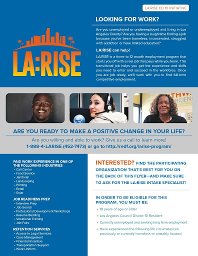 Are you unemployed or underemployed and living in @LACity? Are you having a tough time finding a job because you’ve been homeless, incarcerated, struggled with addiction or have limited education? LA:RISE can help! For more information, please visit redfworkshop.org
