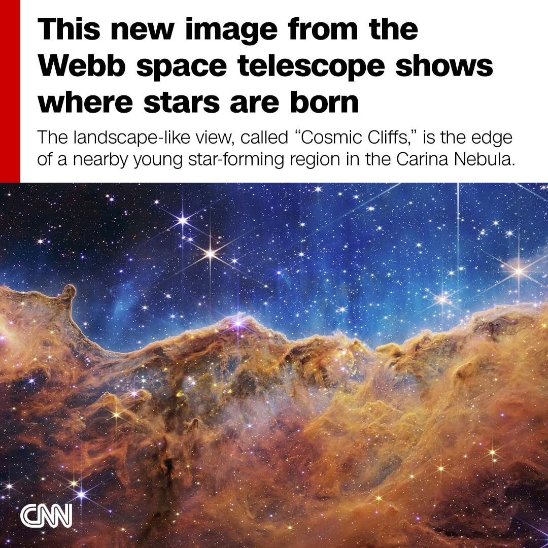 CNN's tweet photo. After decades of waiting, it’s finally time for the world to see the first images taken by the most powerful space telescope ever — the James Webb Space Telescope.  https://t.co/2kB39Z2kUf https://t.co/er3vCHfDTD
