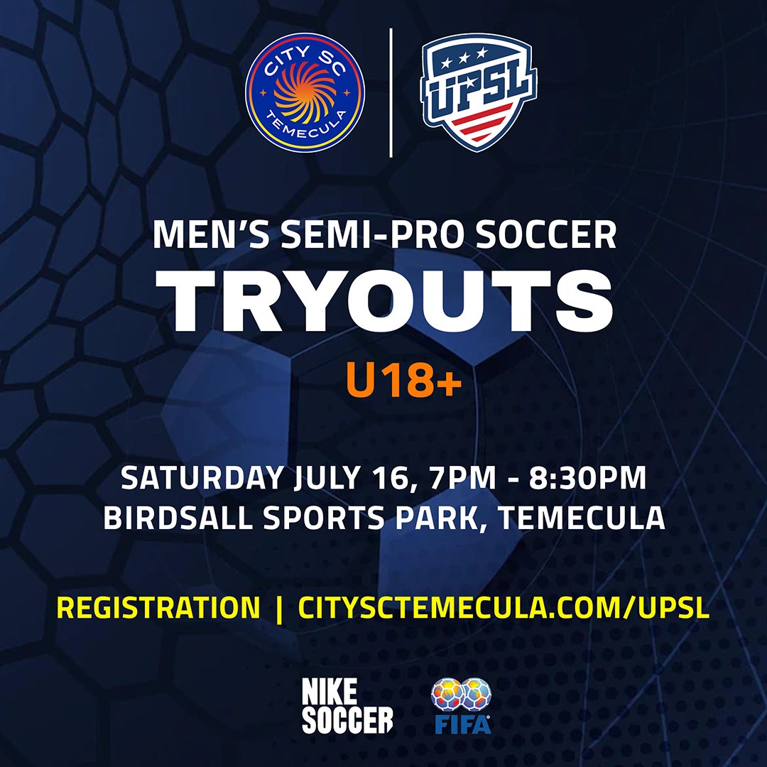 CitySCTemecula's tweet photo. Play UPSL semi-pro soccer with City SC! Register for tryouts at https://t.co/AiiM6YCFHL

#upsl #menssoccer https://t.co/FBQ9Y3sATz