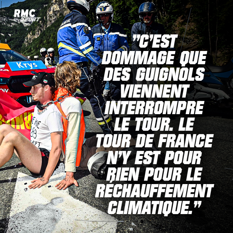 RMCsport's tweet photo. 💢 Le coup de gueule de Jérôme Pineau, manager de B&amp;B Hôtel, contre la manifestation qui a bloqué la 10e étape du Tour de France. 

🗣️💬 "C'est dommage que des guignols viennent interrompre le Tour(...) Le Tour de France n'y est pour rien pour le réchauffement climatique."